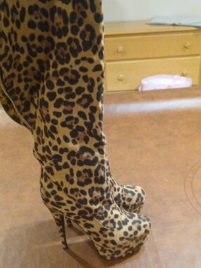 Anne Michelle Leopard Print Over-the-Knee Platform Boots - Tan & Black